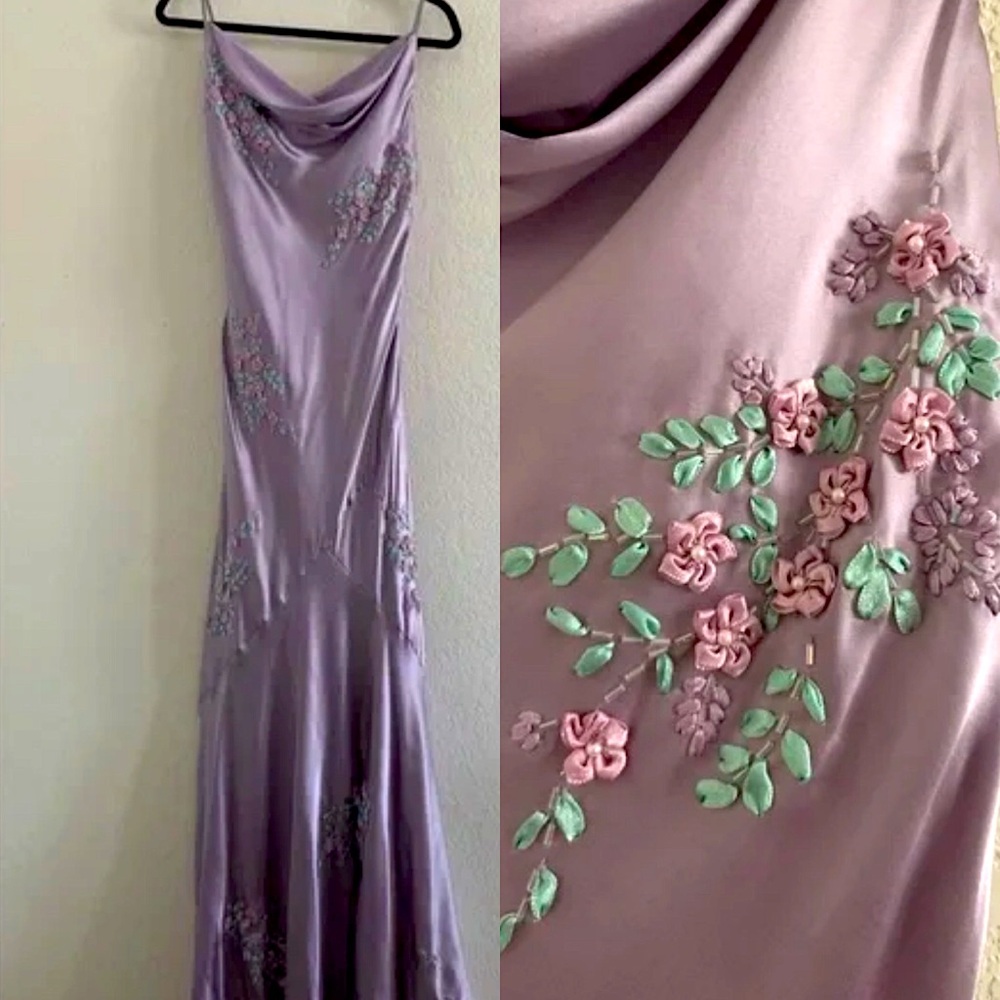 Vintage Y2K 100% Silk Beaded Dress Vintage Y2K Dress Fairy Cottage Prom Floral - Picture 2 of 11